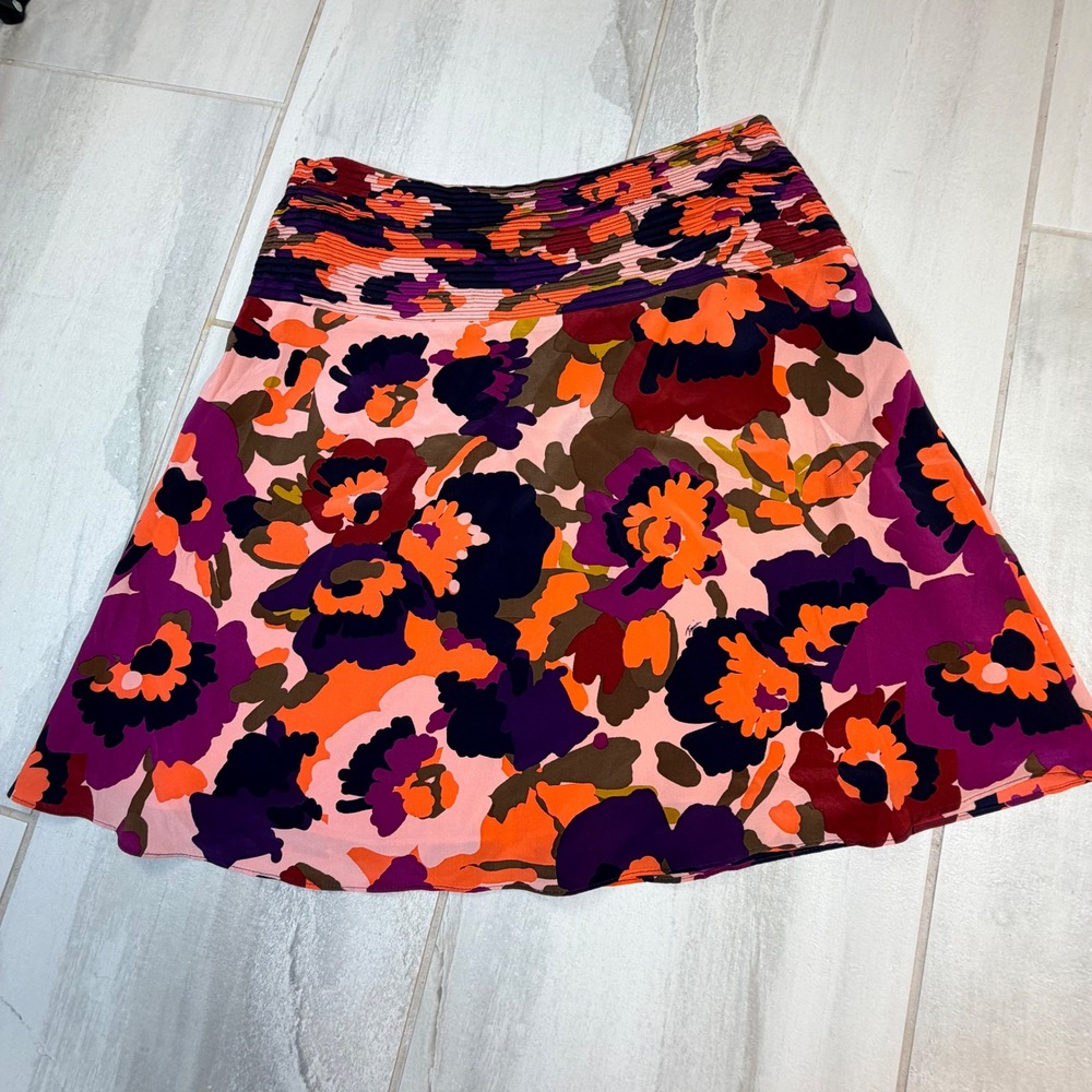 Trina Turk Silk Floral Mini Skirt Pink Orange Purple Smocked Waist Silk